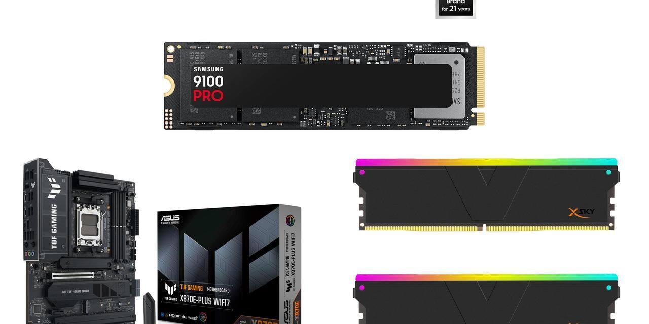 Save $447 on this 3-item combo from Newegg – just $1,082 buys a speedy, huge 4TB Samsung 9100 Pro SSD, 32GB DDR5 RAM, and an Asus TUF Gaming X870E-Plus motherboard during Prime Day sales