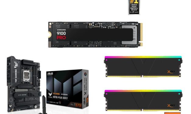 Save $447 on this 3-item combo from Newegg – just $1,082 buys a speedy, huge 4TB Samsung 9100 Pro SSD, 32GB DDR5 RAM, and an Asus TUF Gaming X870E-Plus motherboard during Prime Day sales