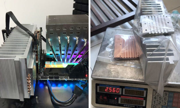 PC modder bolts 5.5-pound aluminum heatsink to RTX 4060 — convection-only cooling seems to work fine in a testbench-style installation