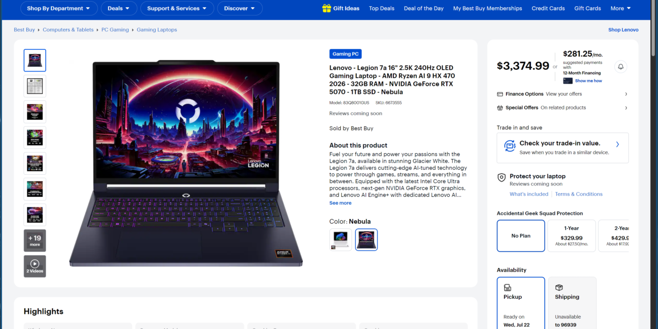 <div>Lenovo’s Legion 7a gaming laptop now comes with an RTX 5070 12GB GPU option — but it costs $3,375 paired with a Ryzen AI 9 CPU, SKU was previously limited to RTX 5060</div>