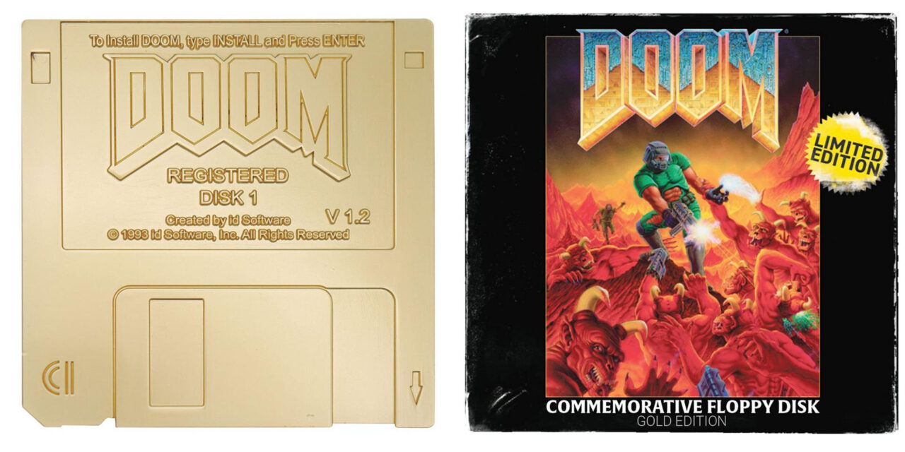 Commemorative golden Doom floppy disks go up for pre-order —  pair of limited edition dummy ‘imitation gold plating’ disks and a box are $30 at GameStop