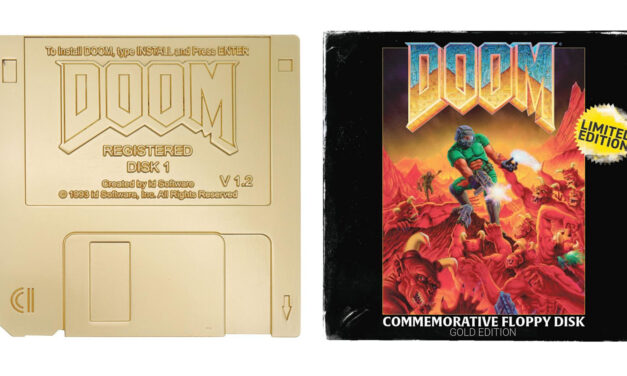 Commemorative golden Doom floppy disks go up for pre-order —  pair of limited edition dummy ‘imitation gold plating’ disks and a box are $30 at GameStop