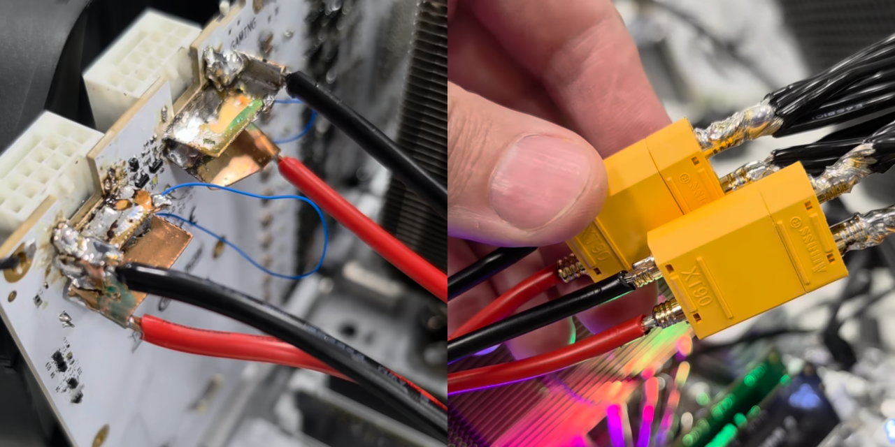 Modders solder power cables directly to RTX 5090 PCB to eliminate notorious melting 16-pin connector — bare-board Galax HOF card pulls 600W under chiller cooling