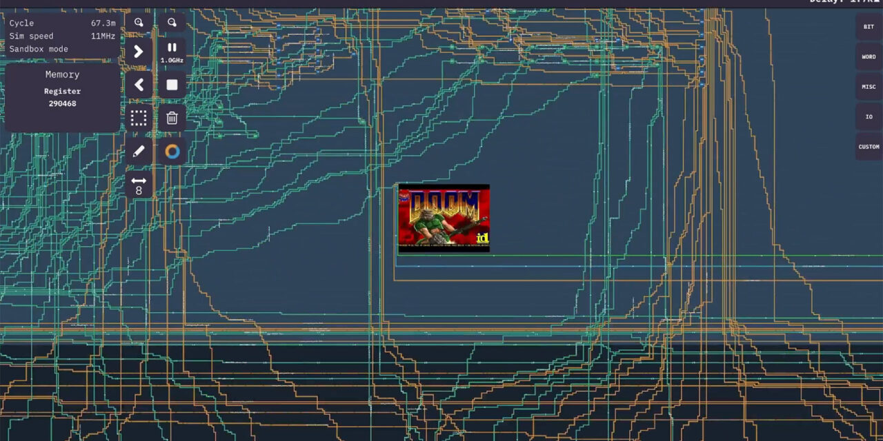<div>AI coder gets Doom running on a custom CPU designed by GPT-5.6 Sol — game viewport is overlaid on a pulsing schematic of the CPU in Turing Complete’s sandbox environment</div>