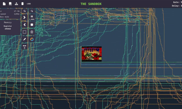 <div>AI coder gets Doom running on a custom CPU designed by GPT-5.6 Sol — game viewport is overlaid on a pulsing schematic of the CPU in Turing Complete’s sandbox environment</div>