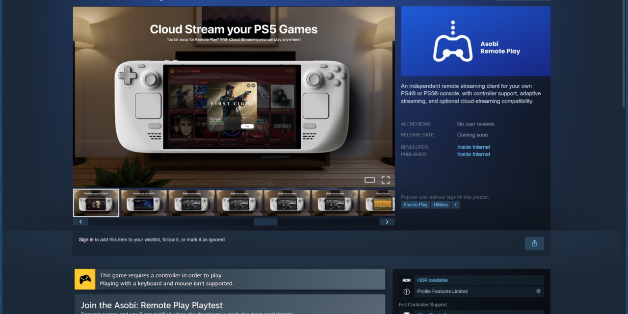 Asobi Remote Play app lets gamers stream PS4 and PS5 games on the Steam Deck, even without a console — dev breaks PlayStation Plus Premium cloud gaming support free of the PlayStation Portal