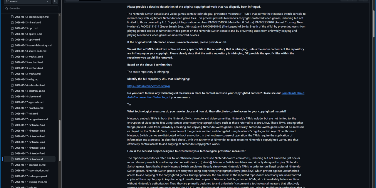 Nintendo takes down over 400 GitHub repositories for Switch emulators in one go — Relentless DMCA strikes tied to piracy concerns over illegal cryptographic keys