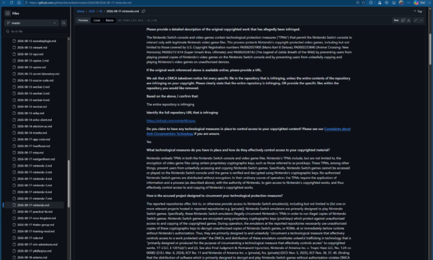 Nintendo takes down over 400 GitHub repositories for Switch emulators in one go — Relentless DMCA strikes tied to piracy concerns over illegal cryptographic keys