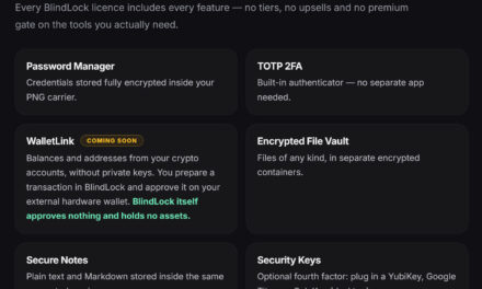 BlindLock hides your password manager and secure vault in a PNG image — also offers secure notes, 2FA, and a crypto address book, with optional hardware security keys