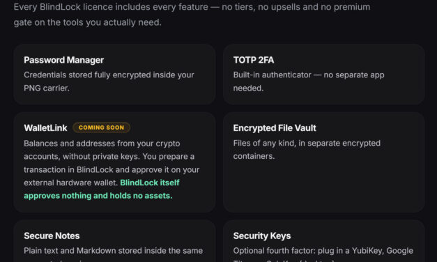 BlindLock hides your password manager and secure vault in a PNG image — also offers secure notes, 2FA, and a crypto address book, with optional hardware security keys